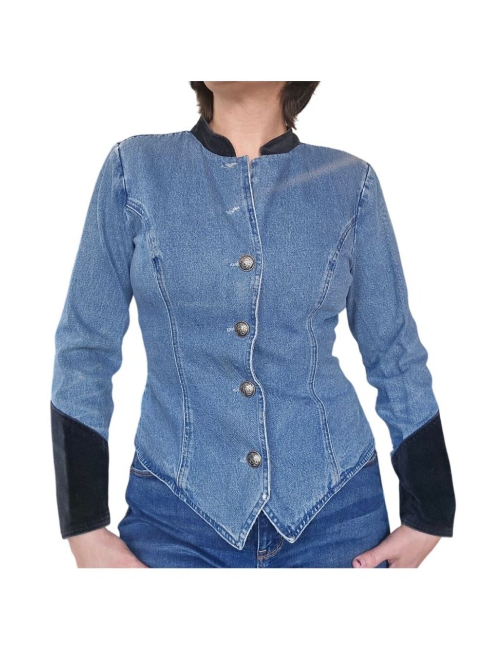 Vintage 1990s Stonebridge Western Denim Fitted Shirt Suede Trim Women's Size 10